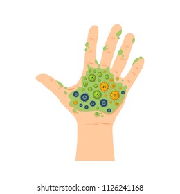 Cartoon flat hand with many germs in green mud, vector illustration isolated on white background