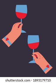 Cartoon flat hands holding a wine. Bright vector trendy illustration Happy Valentine Day. All elements are isolated.