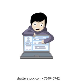 cartoon flat happy boy with laptop computer - personal page