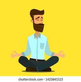 Cartoon flat happy office manager sitting and meditating. Illustration handsome businessman relaxed calm in lotus pose. Vector illustration in cartoon style