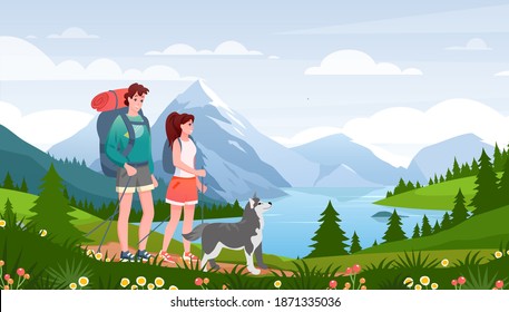 Cartoon flat happy traveler woman man couple and pet friend walk path, hiker people and dog enjoy nature scenery of mountain lake summertime background
