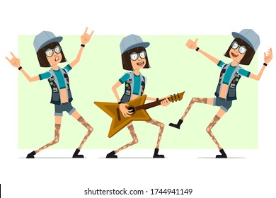 Cartoon flat hipster girl character in trucker cap, glasses and jeans shorts. Ready for animation. Girl playing guitar, showing rock and roll, thumbs up sign. Isolated on olive background. Vector set.