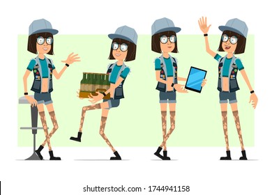 Cartoon Flat Hipster Girl Character In Trucker Cap, Glasses And Jeans Shorts. Ready For Animation. Girl Resting, Carrying Beer Bottles And Showing Tablet. Isolated On Olive Background. Vector Set.