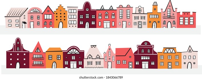 Cartoon flat houses. Amsterdam, old Europe vector illustration