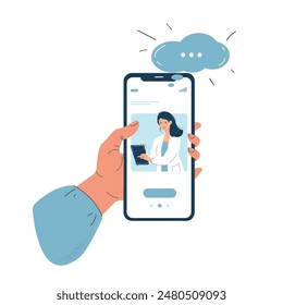 A cartoon flat human hand holding a smartphone with a video call to a female doctor on the screen, using a mobile app for advice or counselling, isolated on a white background.