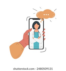 Eine Cartoon-flache menschliche Hand, die ein Smartphone mit einem Video hält, das eine Ärztin auf dem Bildschirm anruft, eine mobile App für Rat und Beratung verwendet, isoliert auf weißem Hintergrund.