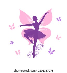 Cartoon flat icon of fairy Silhouette of a sorceress with butterfly wings Pink Fairy flat fairy icon Slender dancer with wings surrounded by butterflies. Ballerina on pointe Silhouette EPS 10 ballet