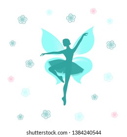 Cartoon flat icon of fairy Silhouette of a sorceress with butterfly wings Pink Fairy flat fairy icon Slender dancer with wings surrounded by butterflies. Ballerina on pointe Silhouette EPS 10 ballet