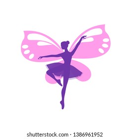 Cartoon flat icon of fairy Silhouette of a sorceress with butterfly wings Pink Fairy flat fairy icon Slender dancer with wings surrounded by butterflies. Ballerina on pointe Silhouette EPS 10 ballet