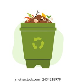 Icono plano de dibujos animados de tema de compostaje orgánico. Herramientas de jardín, bolsa de compost, tierra, comida basura. Ilustración de bio, fertilizante orgánico, contenedor y caja de compost, agronomía.