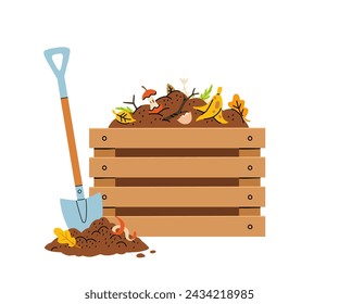 Icono plano de dibujos animados de tema de compostaje orgánico. Herramientas de jardín, bolsa de compost, tierra, comida basura. Ilustración de bio, fertilizante orgánico, contenedor y caja de compost, agronomía.