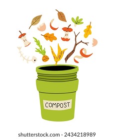 Icono plano de dibujos animados de tema de compostaje orgánico. Herramientas de jardín, bolsa de compost, tierra, comida basura. Ilustración de bio, fertilizante orgánico, contenedor y caja de compost, agronomía.