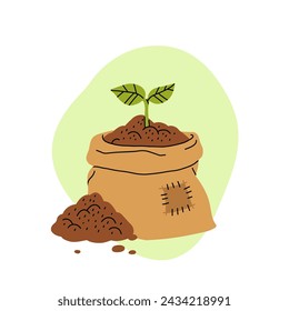 Icono plano de dibujos animados de tema de compostaje orgánico. Herramientas de jardín, bolsa de compost, tierra, comida basura. Ilustración de bio, fertilizante orgánico, contenedor y caja de compost, agronomía.