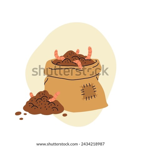 Cartoon flat icon of organic composting theme. Garden tools, bag of compost, ground, food garbage. Illustration of bio, organic fertilizer, compost bin and box, agronomy.