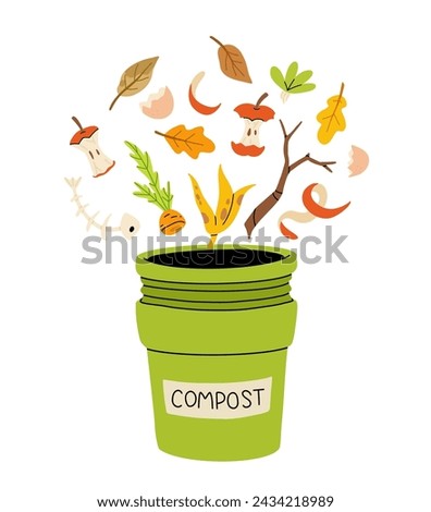 Cartoon flat icon of organic composting theme. Garden tools, bag of compost, ground, food garbage. Illustration of bio, organic fertilizer, compost bin and box, agronomy.