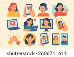 Cartoon flat icon set with people chatting, liking, calling and video conferencing online.