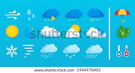 Cartoon flat icons on isolated background. Set of vector paper cut weather icons. Icons for sunny, cloudy, rainy, windy and snowy weather. Umbrella, thermometers, green leaves. 