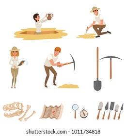 Cartoon flat icons set with tools for archaeological excavations, dinosaur skeleton, and people-archaeologists in working process. Archeology vector symbols