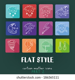 Cartoon flat icons vector collection with long shadow effect in stylish colors. Weather  Part 2. Isolated on background.
