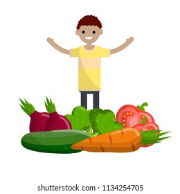 Cartoon flat illustration - African-American young guy in yellow clothes waving his hands among the vegetables. healthy vegetarian diet of tomato, cucumber, onion, broccoli and carrot salad.