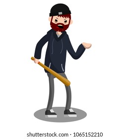 Cartoon flat illustration - aggressive young man in a hoodie with a baseball bat. a thug with a baton. guns are in the hands of a criminal guy. the hooligan problems of the city.