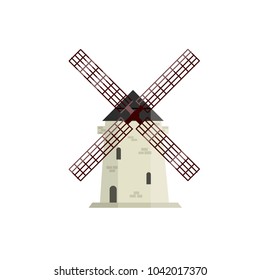 Cartoon flat illustration - an ancient medieval building. mill for making flour from grain. farming environment. agriculture. windmill made of bricks.
