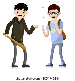 Cartoon flat illustration - angry robber man with a baseball bat extorts money from the nerd guy. the crime situation with the bandit. a thief with a gun. the requirement of money from the student.
