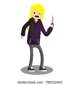 Cartoon flat illustration - An angry young girl with a knife. The Street Crime. A criminal offender. A robber is a thief in a hoodie. Urban security problem. 