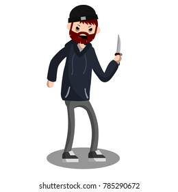 Cartoon flat illustration - An angry young man with a knife. The Street Crime. A criminal guy offender. A robber is a thief in a hoodie. Urban security problem. 