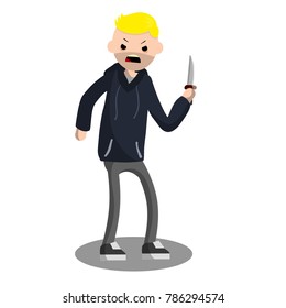 Cartoon flat illustration - An angry young man with a knife. The Street Crime. A criminal guy offender. A robber is a thief in a hoodie. Urban security problem. 