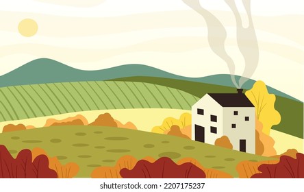 Cartoon flat illustration of the autumn landscape wit a house. Hand-drawn vector illustration.