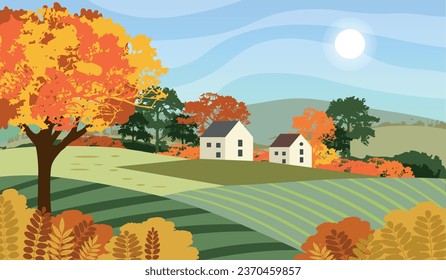 Cartoon flat illustration of the autumn landscape with a house. Hand-drawn vector illustration.