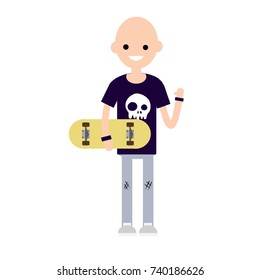 cartoon flat illustration bald guy in skater clothes with skull sports skateboard