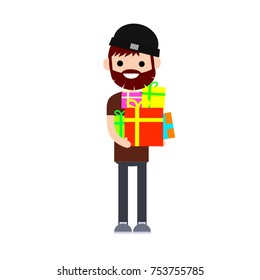 cartoon flat illustration - the bearded guy in the hat standing and holding in hands colored boxes with gifts