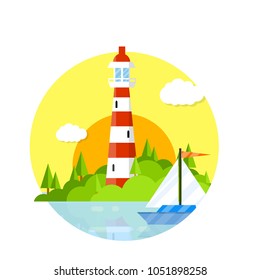 cartoon flat illustration - beautiful red and white lighthouse on the shore of the Bay near the water. green hills and bushes. natural landscape. tourist view for recreation.  a sailing ship at sea.
