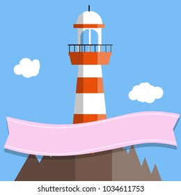 cartoon flat illustration - a big, tall red and white lighthouse. sea building on the coast. romantic signal for a ship in the Bay. rocks stones. pink logo ribbon and blue sky