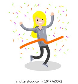 cartoon flat illustration - blond girl goes to the finish. the woman runs through the red ribbon. success and victory in competitions. the joy of the championship. healthy lifestyle. playing sport.
