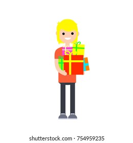 cartoon flat illustration -blond guy in red cloth with colored boxes with gifts in hand