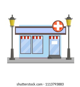 Cartoon flat illustration - blue pharmacy building with glass Windows. red-white sign with a medical cross. home to the drug and treatment trade. element of city and urban landscape. street lamp