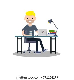 cartoon flat illustration - Boy  in grey cloth sits on a chair at the table with books and laptop and coffee.
