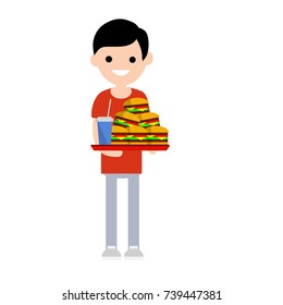 cartoon flat illustration - boy in red clothes with a food tray fast food burgers and mountain glass