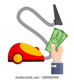 Cartoon flat illustration - bright red yellow vacuum cleaner with hose. device for cleaning the house from dust. purchase of household appliances in the store. hand with green notes.
