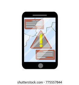 cartoon flat illustration - Broken screen tablet crack on glass. Error message.
