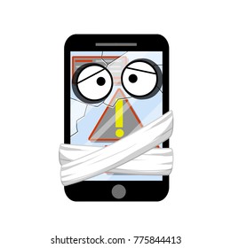 cartoon flat illustration - Broken screen tablet crack on glass. The emotions of a sick person. Ligation bandage. Error message.