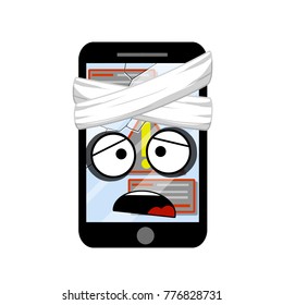 cartoon flat illustration - Broken screen tablet crack on glass. The emotions of a sick person. Ligation bandage. Error message.