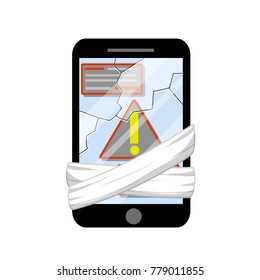 cartoon flat illustration - Broken screen tablet crack on glass. Error message. Ligation bandage.