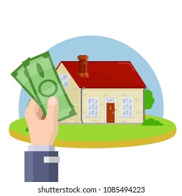 Cartoon flat illustration - buying and selling homes. work realtor. hand with green notes and a house in the suburbs with a lawn. a bargain deal. commercial business.