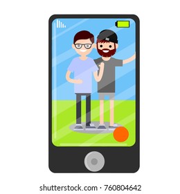 cartoon flat illustration - camera the camera in mobile phone. Two friend - nerd in the blue dress and glasses and has a beard with the hat in a gray dress standing on blue - green background.

