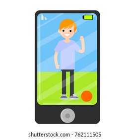 cartoon flat illustration - camera the camera in mobile phone. One red hair guy in blue cloth stay on blue - green background.
