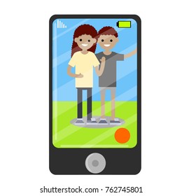 cartoon flat illustration - camera the camera in mobile phone. Two Afro american people in yellow and grey cloth, shirt and short.

